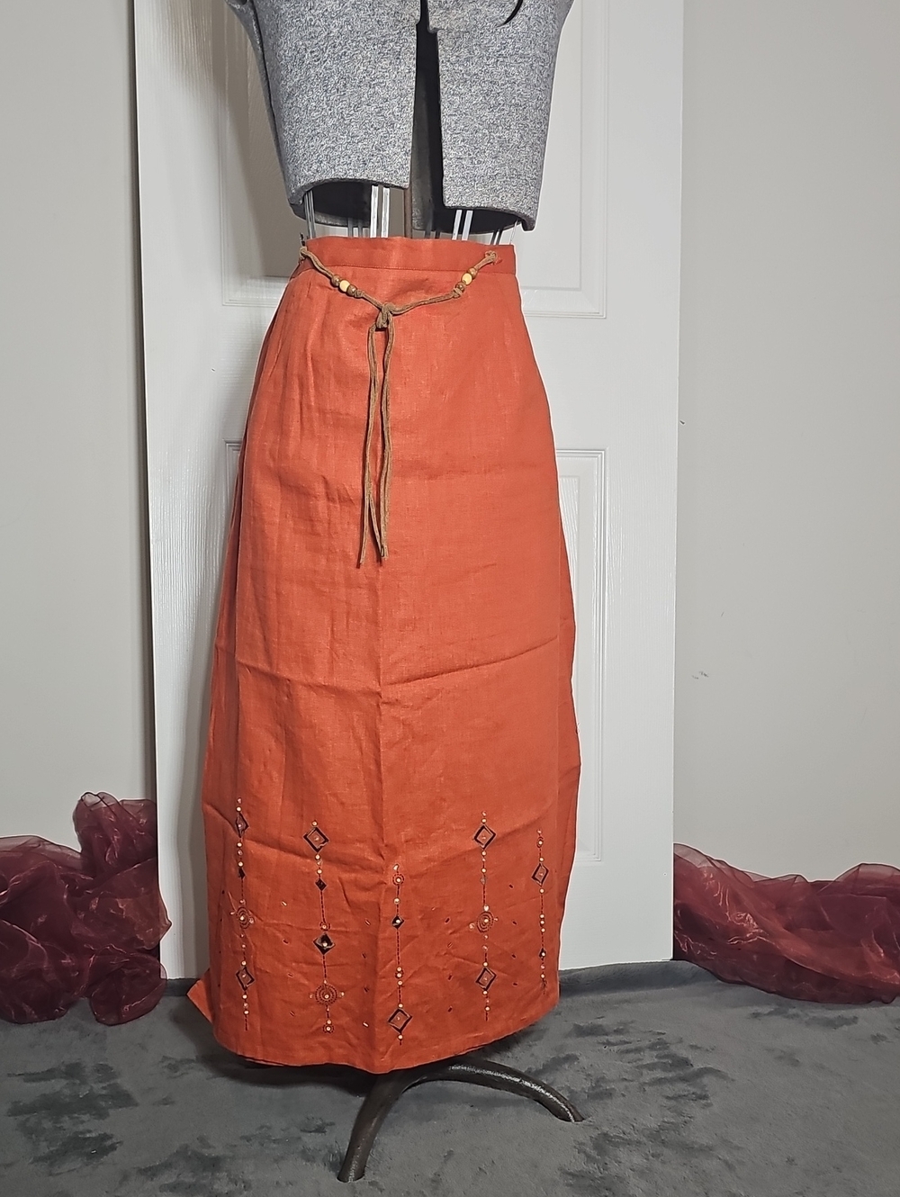 Requirements Vintage Rust Linen Blend Beaded Sequin Maxi Skirt Plus Size 2X